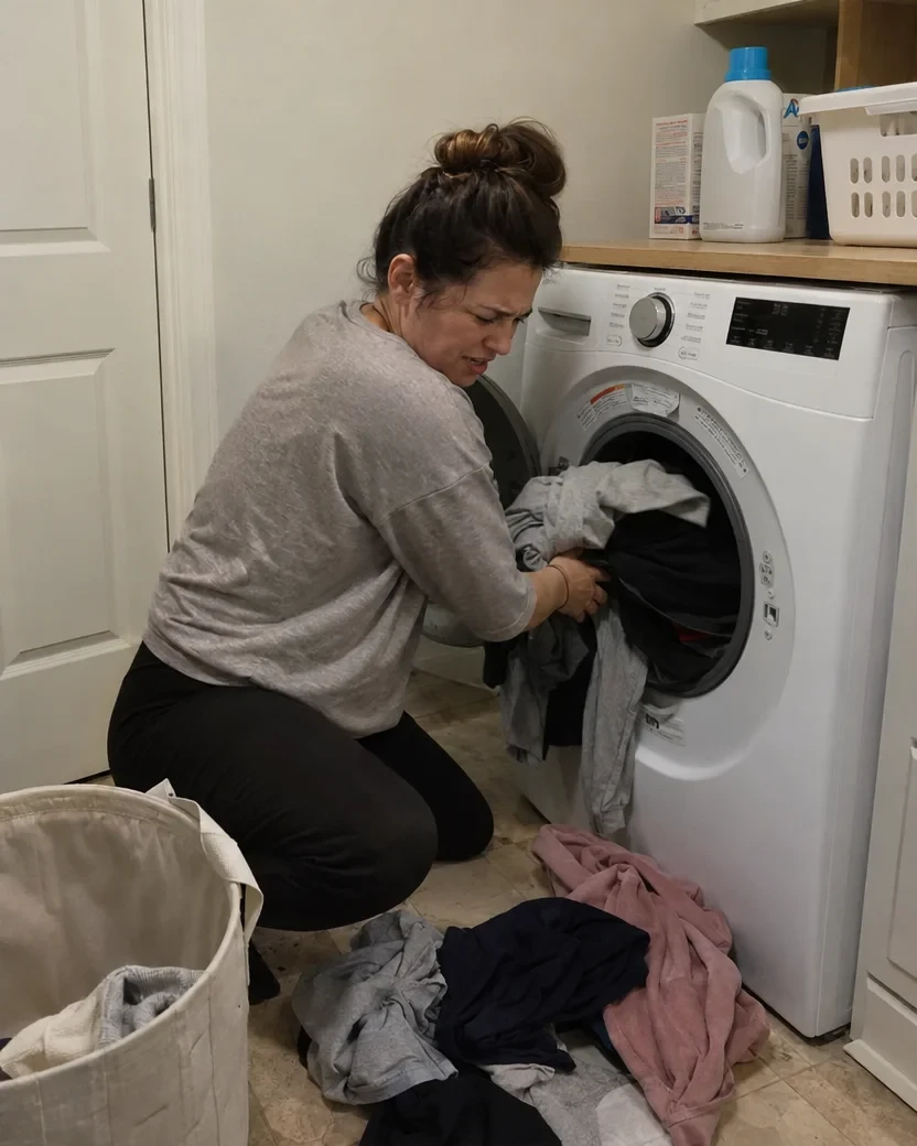 A woman kneels at a front-load washer pulling out an armful of clothes, with laundry dropped on the floor around her